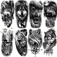 8 Pcs Wolf Head Temporary Tattoo Stickers, Body Art Large Half Arm Sleeve