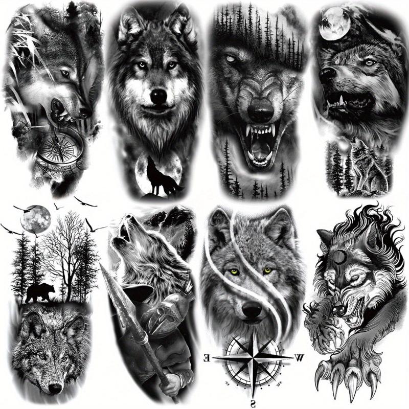 8 Pcs Wolf Head Temporary Tattoo Stickers, Body Art Large Half Arm Sleeve