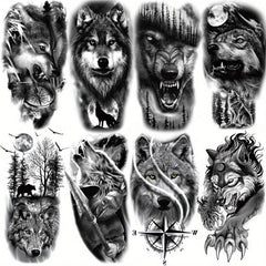 8 Pcs Wolf Head Temporary Tattoo Stickers, Body Art Large Half Arm Sleeve