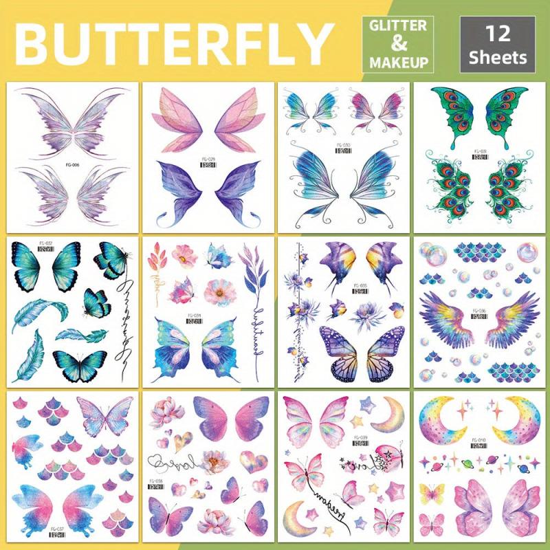 12 Sheets Butterfly Face Sticker Temporary Tattoo Sticker Glitter Eye Sticker