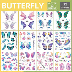 12 Sheets Butterfly Face Sticker Temporary Tattoo Sticker Glitter Eye Sticker