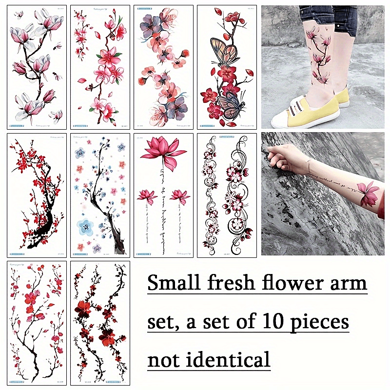 10 Sheets Waterproof Temporary Tattoo Stickers - Plum Blossom Orchid Chrysanthem
