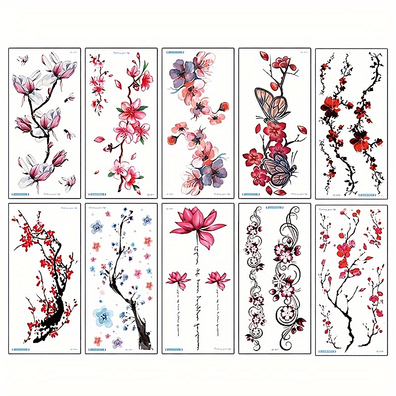 10 Sheets Waterproof Temporary Tattoo Stickers - Plum Blossom Orchid Chrysanthem