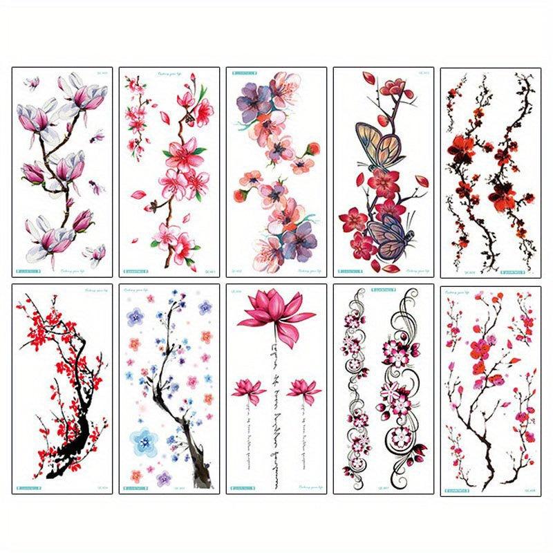 10 Sheets Waterproof Temporary Tattoo Stickers - Plum Blossom Orchid Chrysanthem