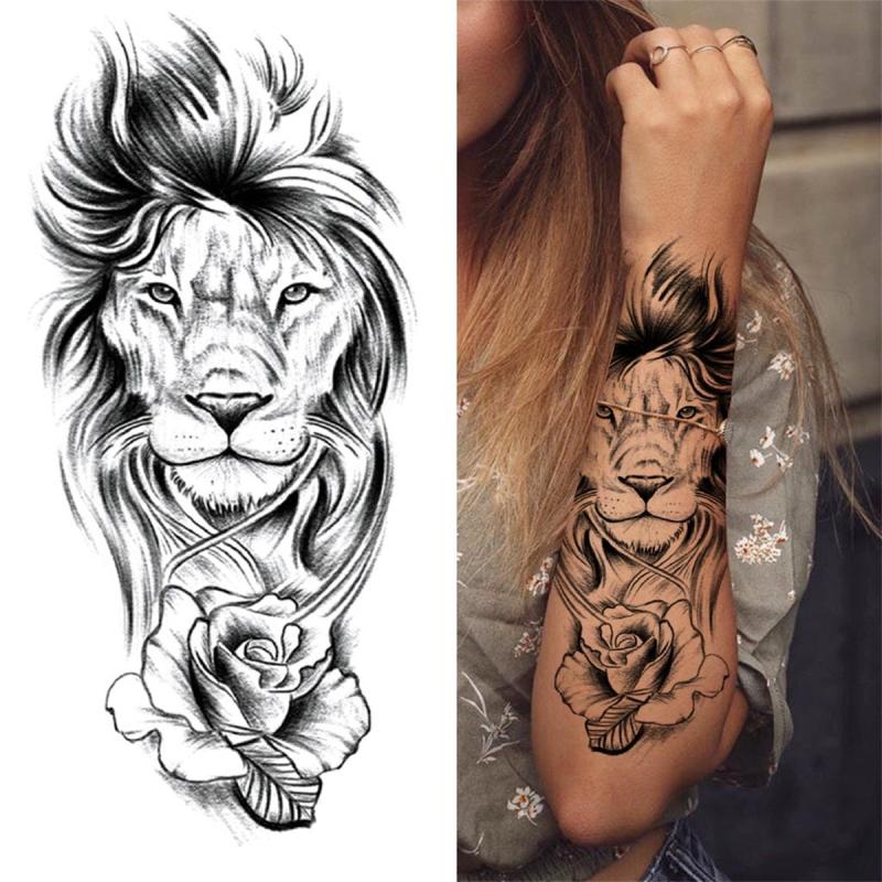 Realistic Lion & Rose Tattoo Sticker Waterproof & Long Lasting Arm Leg Body Art