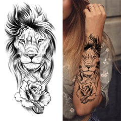 Realistic Lion & Rose Tattoo Sticker Waterproof & Long Lasting Arm Leg Body Art