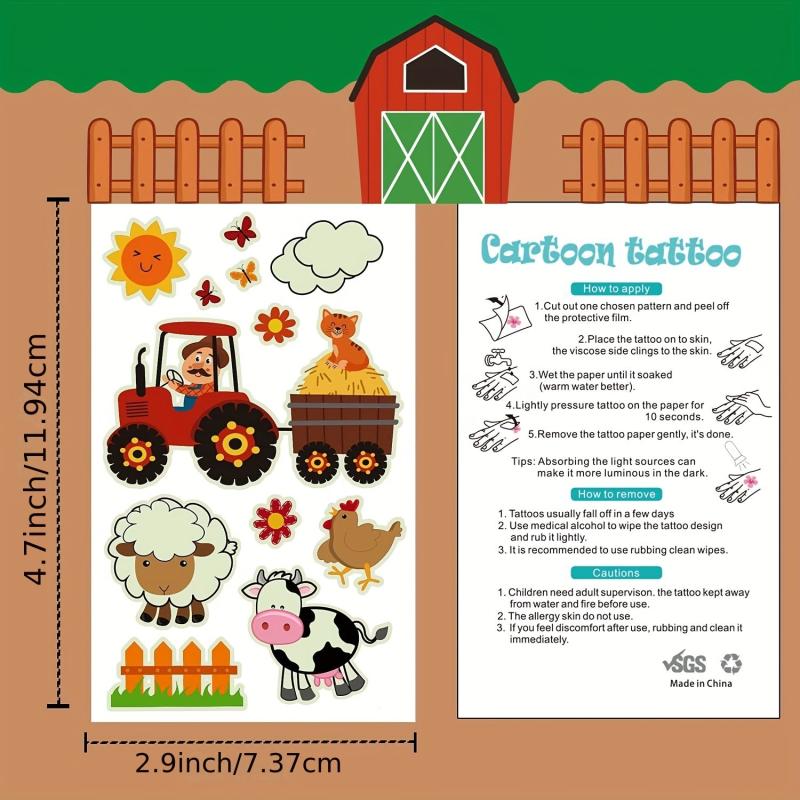 Glow Farm Animal Birthday Party Temporary Tattoos 12 Sheets