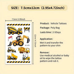 Boys Temporary Tattoos - Construction Vehicle Designs - 12 Sheets
