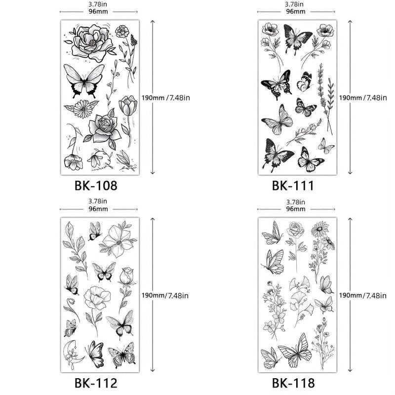 4 Piece Butterfly Flower Sketch Tattoo Stickers