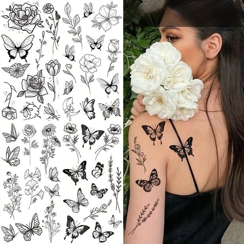 4 Piece Butterfly Flower Sketch Tattoo Stickers