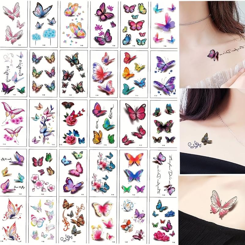 30 Sheets 3D Rose Flower Butterfly Tattoo Stickers for Chest and Clavicle