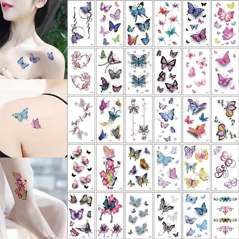 30 Sheets 3D Rose Flower Butterfly Tattoo Stickers for Chest and Clavicle