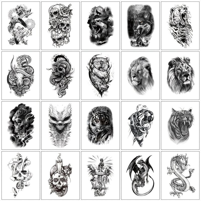 Half Arm Temp Tattoo Dragon Lion Wolf Bear Snake Skull Angel