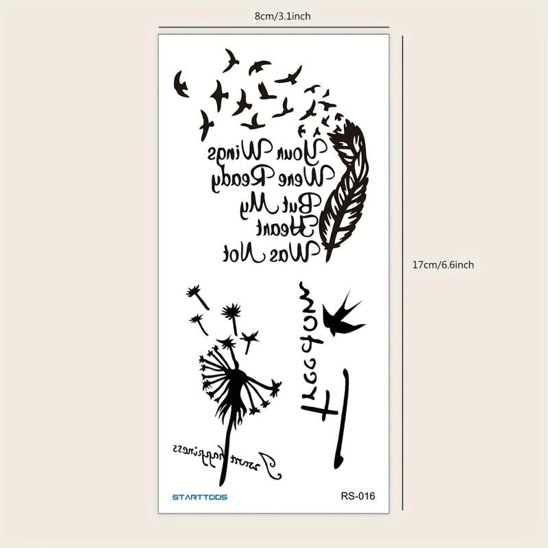 Dandelion Bird Feather Word Flower Arm Wrist Chest Abdomen Temporary Tattoo