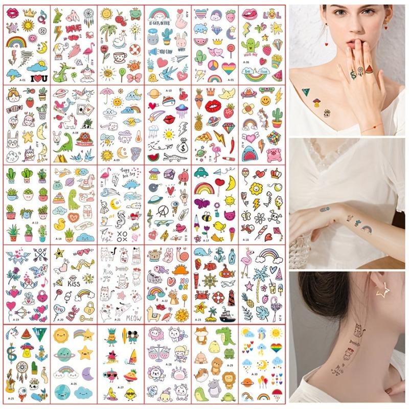 30 Pcs Small Cartoon Plant Animal Rainbow Temporary Tattoo Stickers