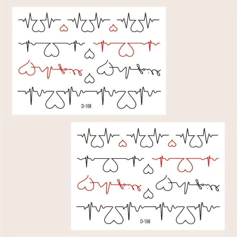 2 Sheets Women's Temporary Tattoo Stickers With Love Electrocardiogram