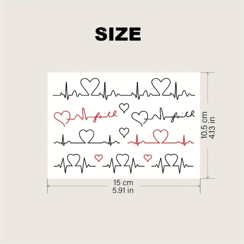 2 Sheets Women's Temporary Tattoo Stickers With Love Electrocardiogram