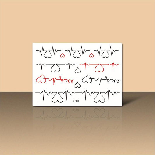 2 Sheets Women's Temporary Tattoo Stickers With Love Electrocardiogram