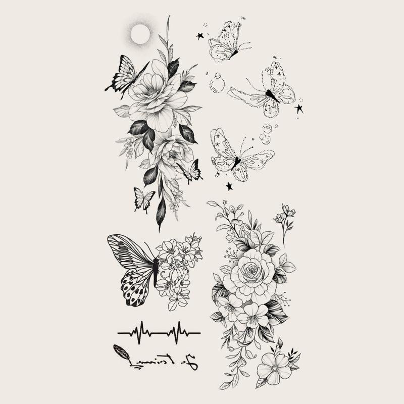 Line Drawing Flower Butterfly Temporary Tattoo Stickers