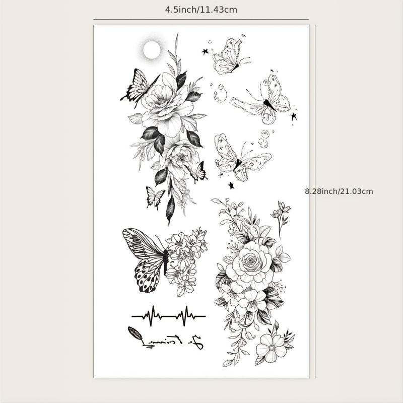 Line Drawing Flower Butterfly Temporary Tattoo Stickers