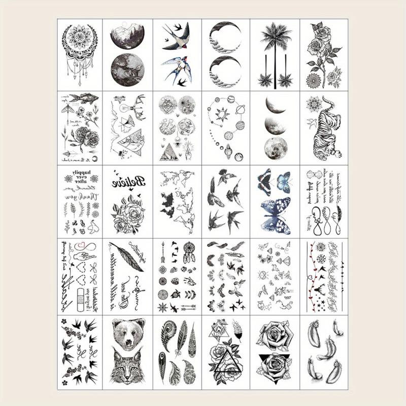 30 Sheets Temporary Tattoos for Women Roses Butterflies Wolf Body Art Stickers