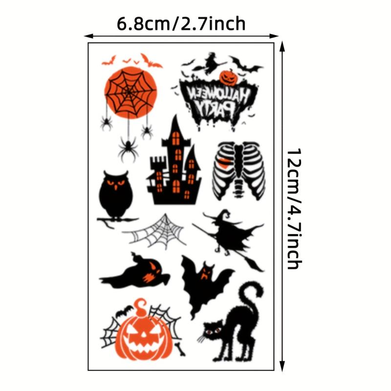 10 Sheets Halloween Pattern Tattoo Stickers Pumpkin Horror Face Ghost Witch Bat