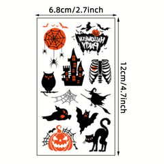 10 Sheets Halloween Pattern Tattoo Stickers Pumpkin Horror Face Ghost Witch Bat