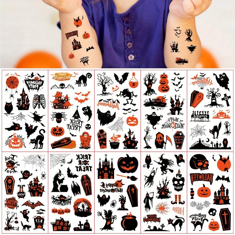 10 Sheets Halloween Pattern Tattoo Stickers Pumpkin Horror Face Ghost Witch Bat