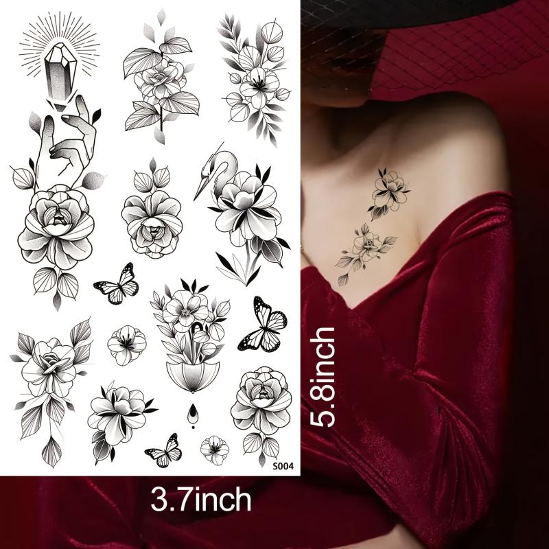 Waterproof Floral Gem Butterflies Crane Temporary Tattoo