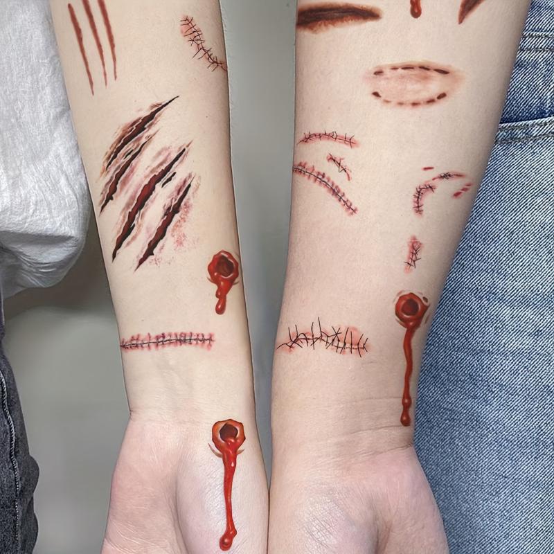Halloween Tattoos 4 Pcs Blood Wound Scar Arm Body Temporary Tattoo Stickers
