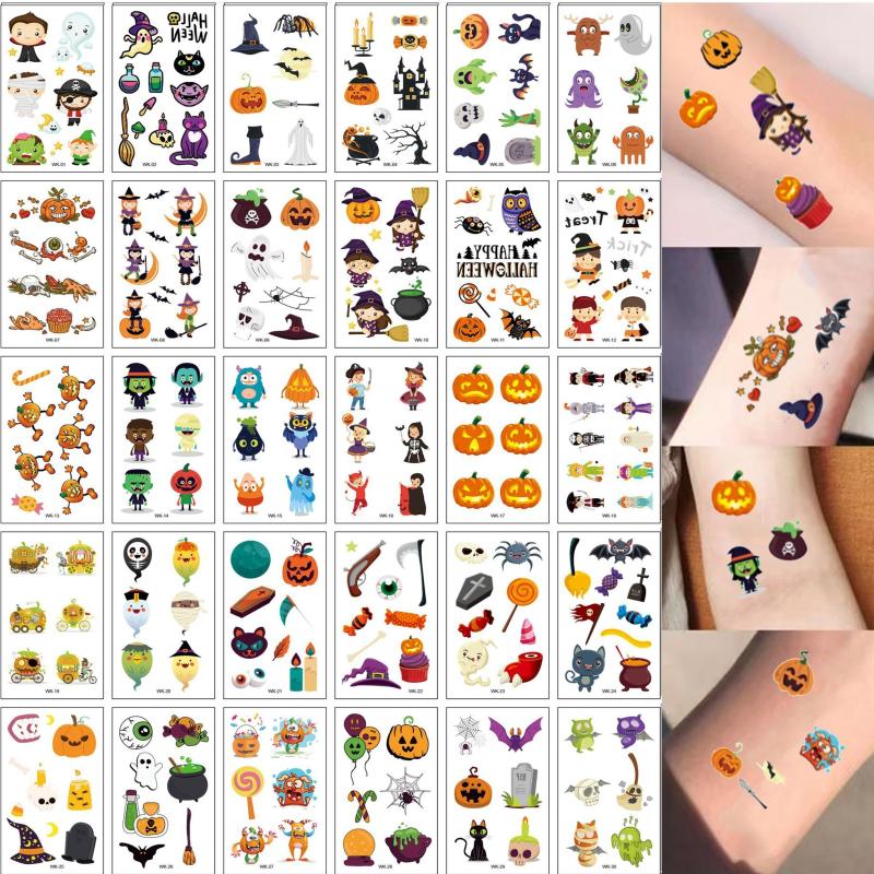 30 Sheets Halloween Cartoon Tattoo Stickers Funny Pumpkin Temporary Tattoo Stick