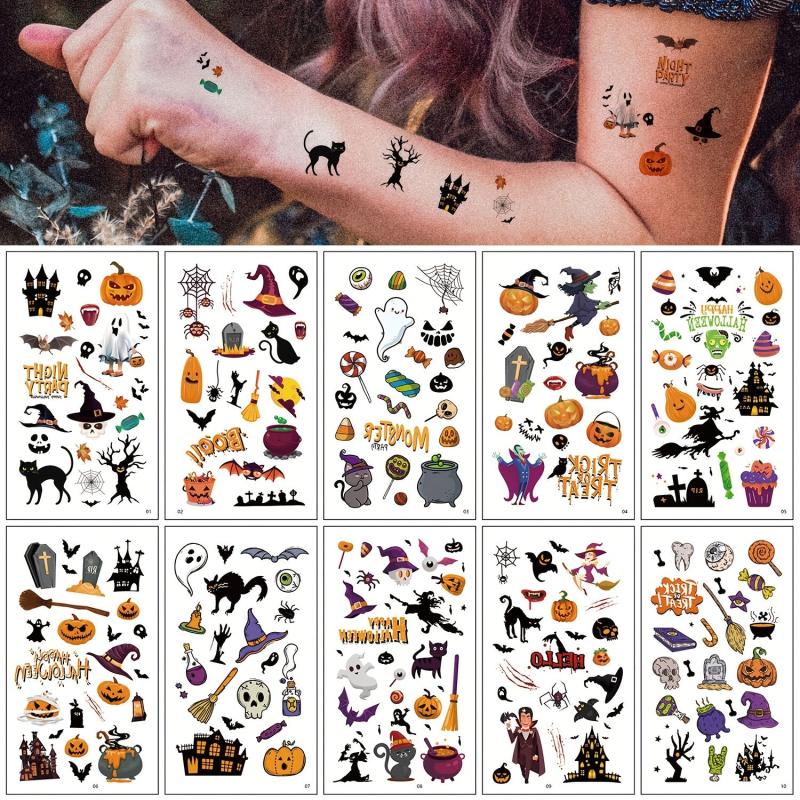 10 Sheets Halloween Cartoon Pattern Temporary Tattoo Stickers