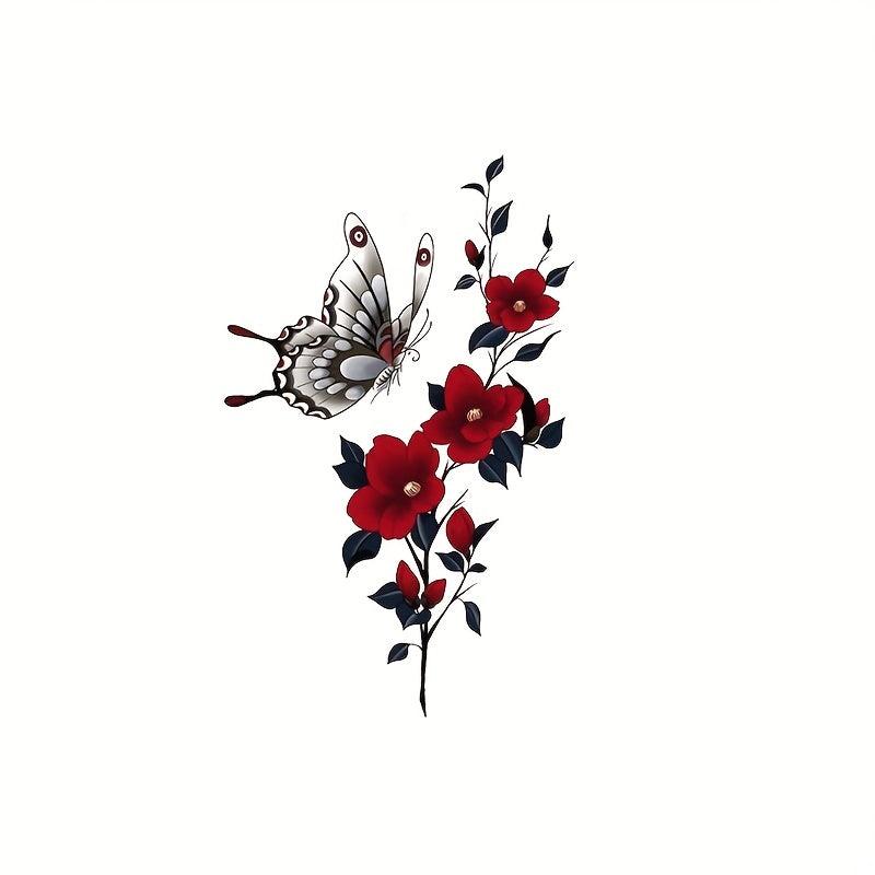 Dark Red Japanese Style Anime Butterfly Tattoo Stickers Waterproof Set