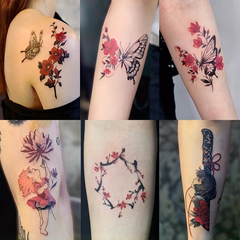 Dark Red Japanese Style Anime Butterfly Tattoo Stickers Waterproof Set