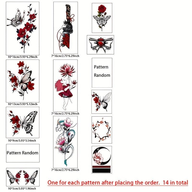 Dark Red Japanese Style Anime Butterfly Tattoo Stickers Waterproof Set