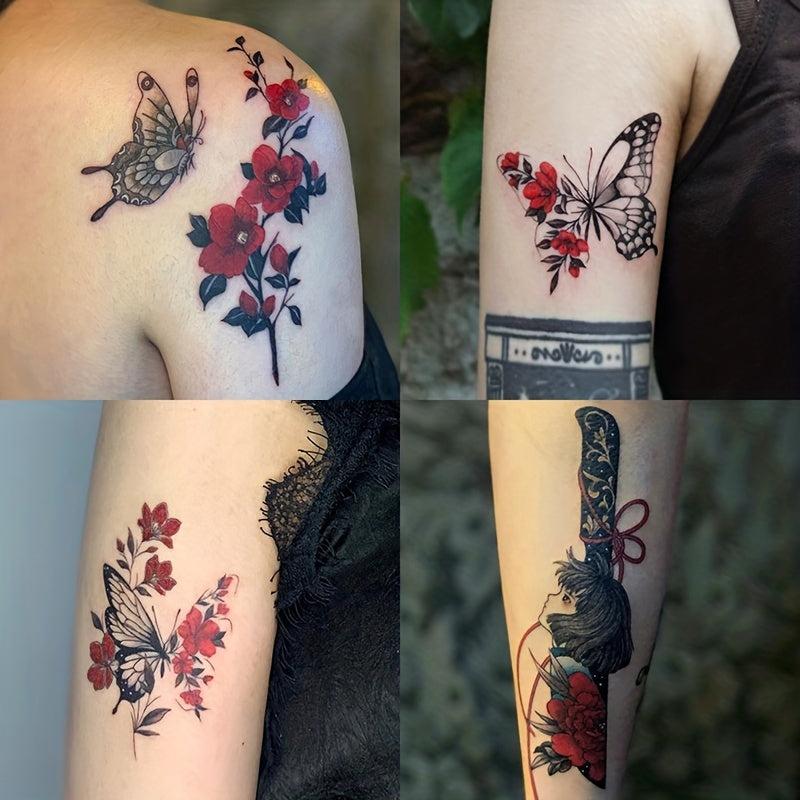 Dark Red Japanese Style Anime Butterfly Tattoo Stickers Waterproof Set