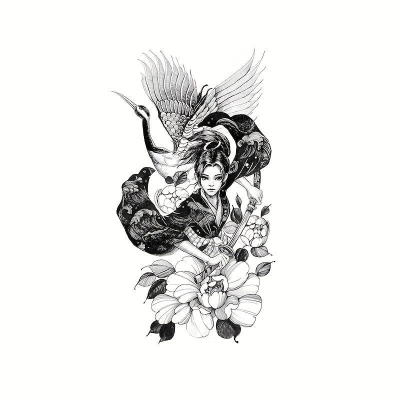 Waterproof Full Arm Tattoo Stickers - Chinese Style Samurai Geisha Crane