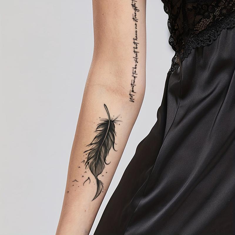 Feather Striped Word Pattern Flower Temporary Tattoo Sticker