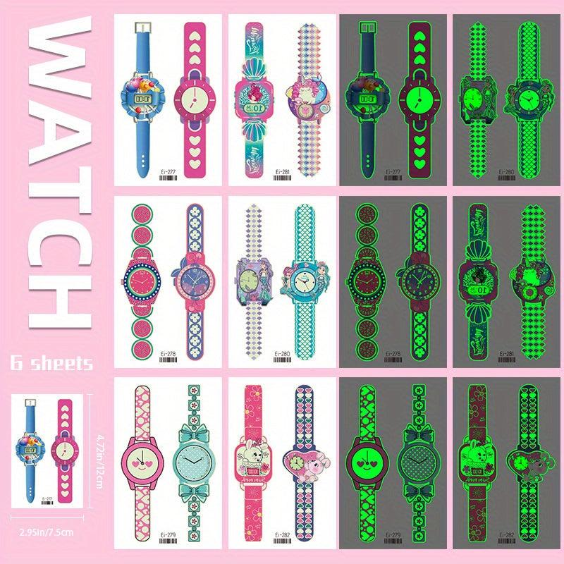 6 Sheets Luminous Watch Tattoo Stickers Unicorn Dinosaur Princess Animal
