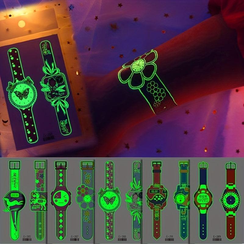 6 Sheets Luminous Watch Tattoo Stickers Unicorn Dinosaur Princess Animal