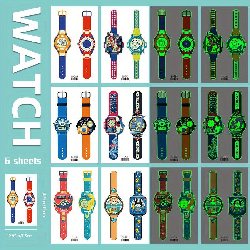 6 Sheets Luminous Watch Tattoo Stickers Unicorn Dinosaur Princess Animal