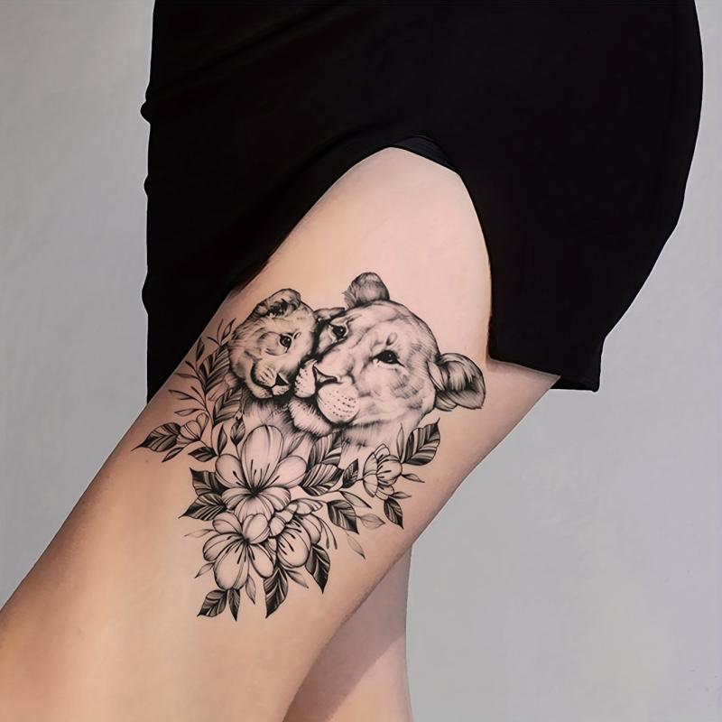 Flower Lion Temporary Tattoo Sticker Large Floral Arm Chest Body Art