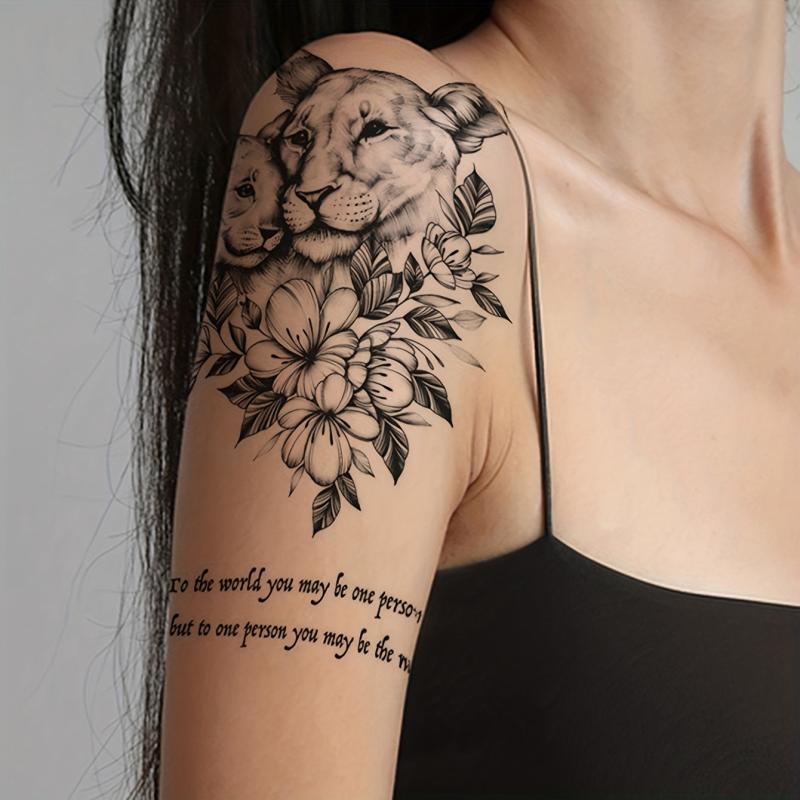 Flower Lion Temporary Tattoo Sticker Large Floral Arm Chest Body Art