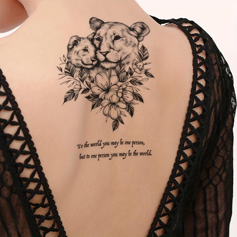 Flower Lion Temporary Tattoo Sticker Large Floral Arm Chest Body Art