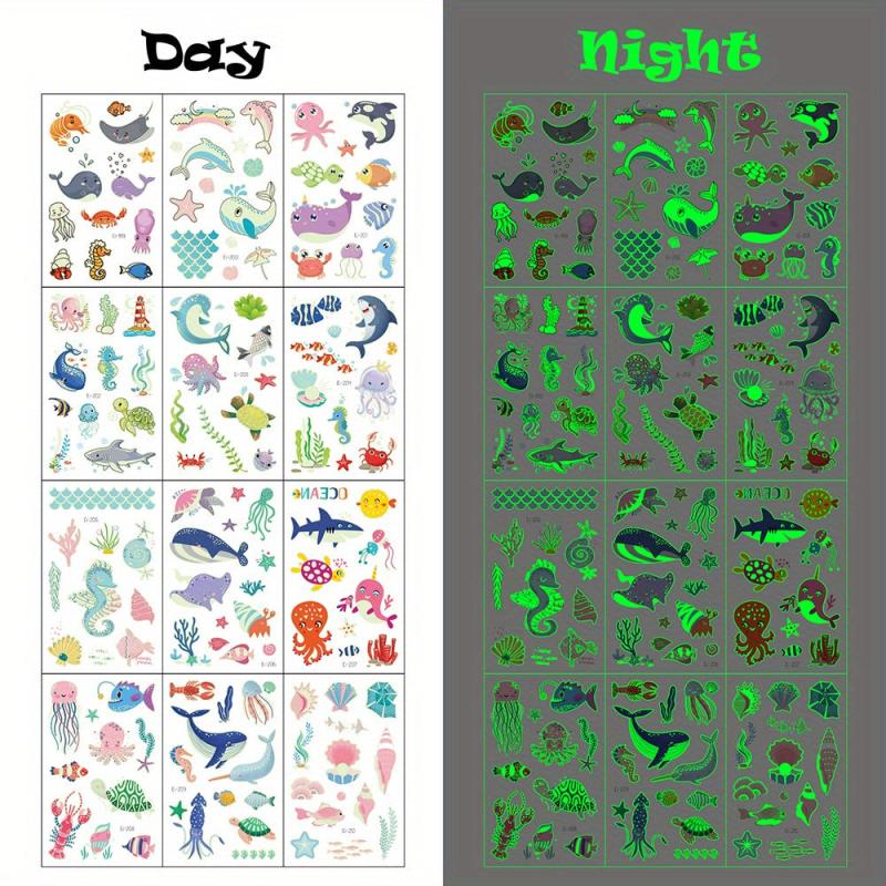12 Sheets Ocean Animals Temporary Tattoo Stickers Under Sea World Birthday Party