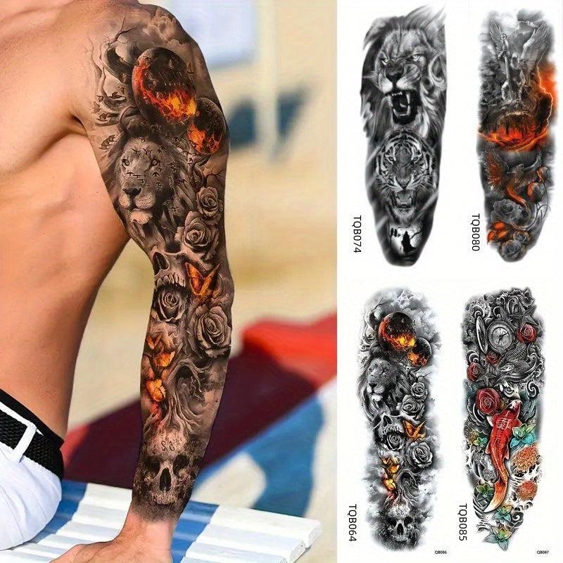 4 Pcs Lions Tigers Roses Temporary Tattoos Full Arm Body Art Men Women