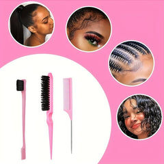 Hair Styling Brush Set: Teasing, Edge, Comb, Fluffy Hair - 4 Pcs