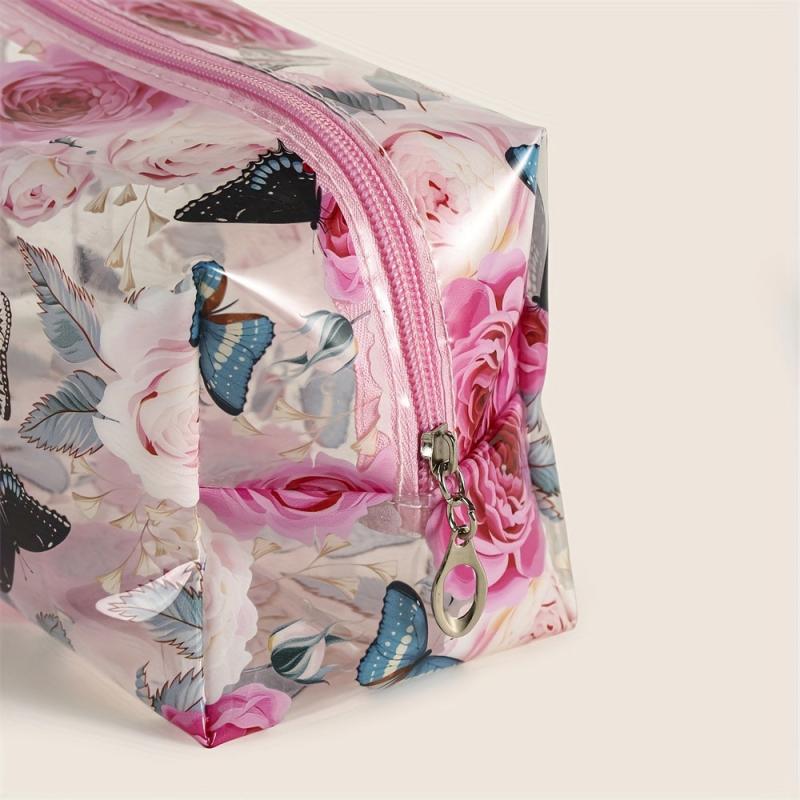 Floral Butterfly Square Makeup Bag PVC Waterproof Zipper Roomy Makeup Pouch