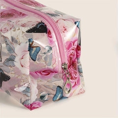 Floral Butterfly Square Makeup Bag PVC Waterproof Zipper Roomy Makeup Pouch
