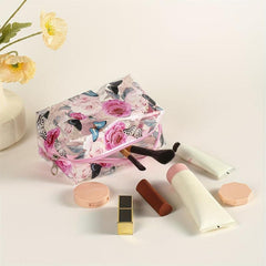 Floral Butterfly Square Makeup Bag PVC Waterproof Zipper Roomy Makeup Pouch